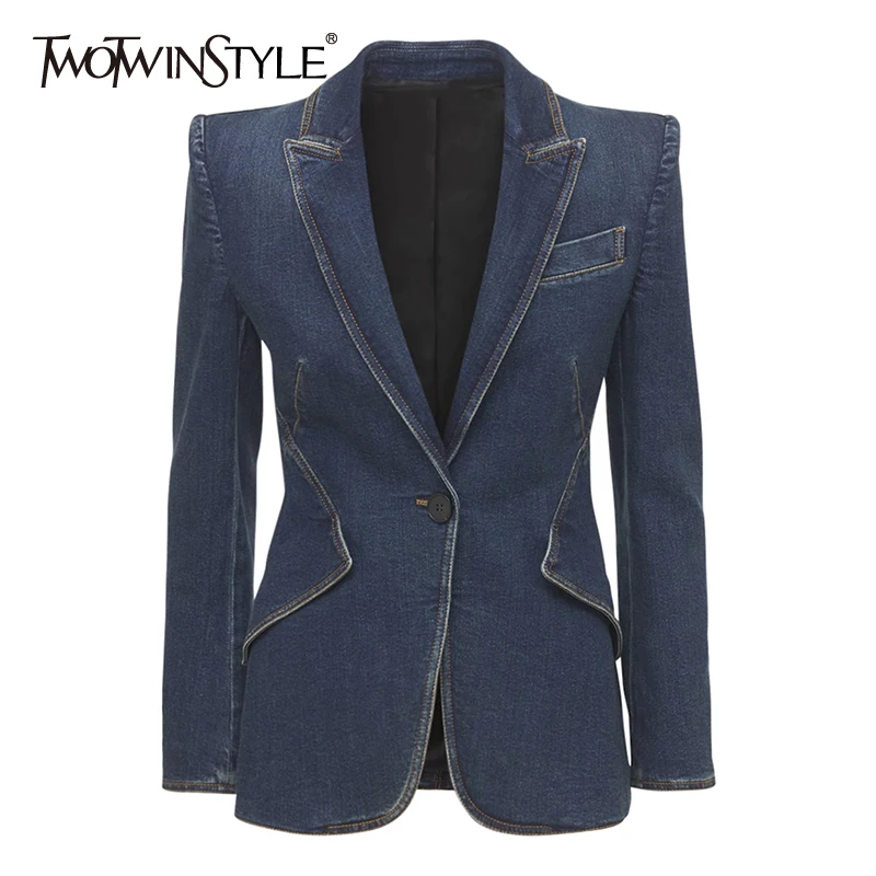 TWOTWINSTYLE Minimalist Blue Denim Women's Coat V Neck Long Sleeve Korean Fashion Loose Casual Jackets Female Autumn 2021 New