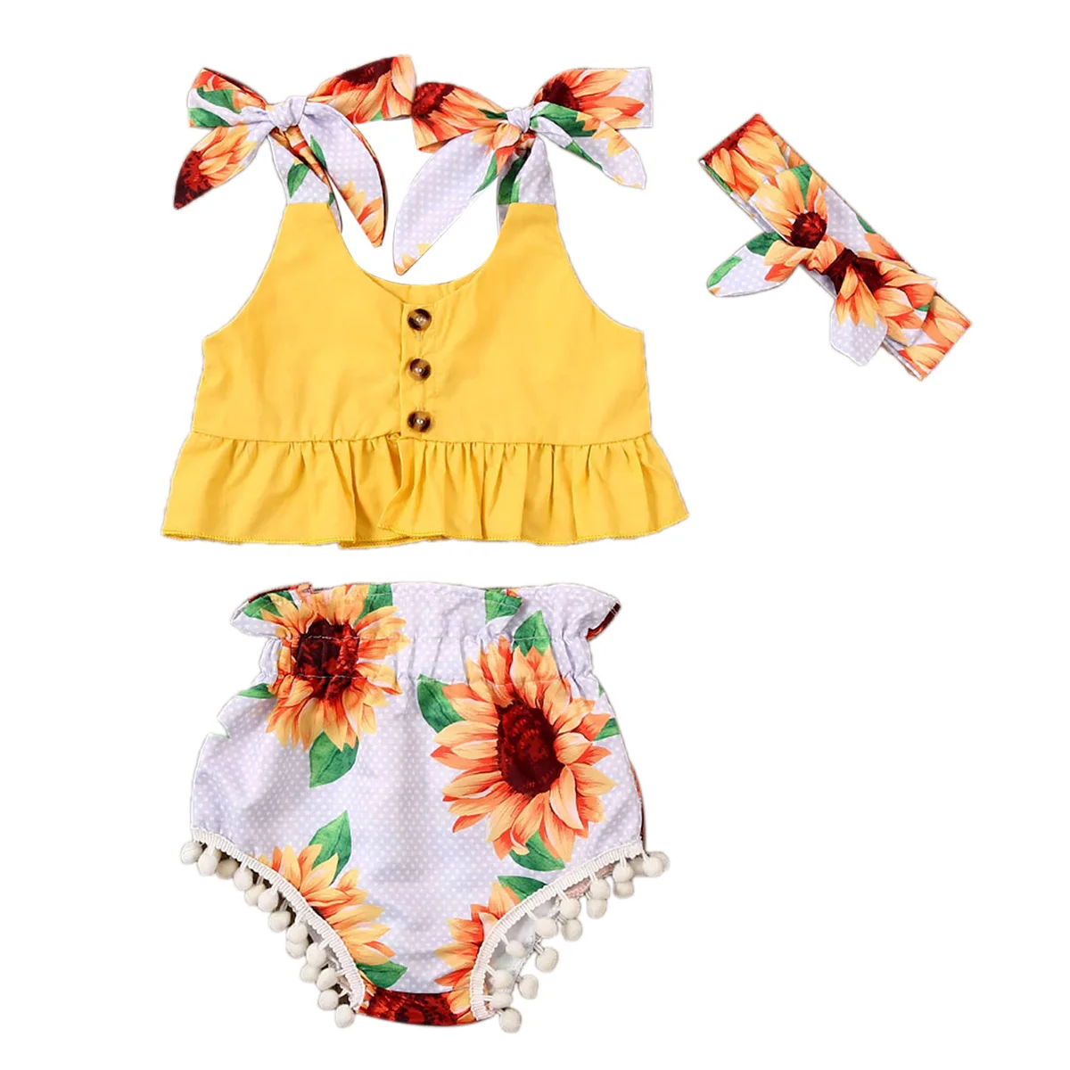 

NEW 2020 Summer Toddler Kids Baby Girls Ruffle Crop Tops Sunflower Shorts Headband Outfit Set
