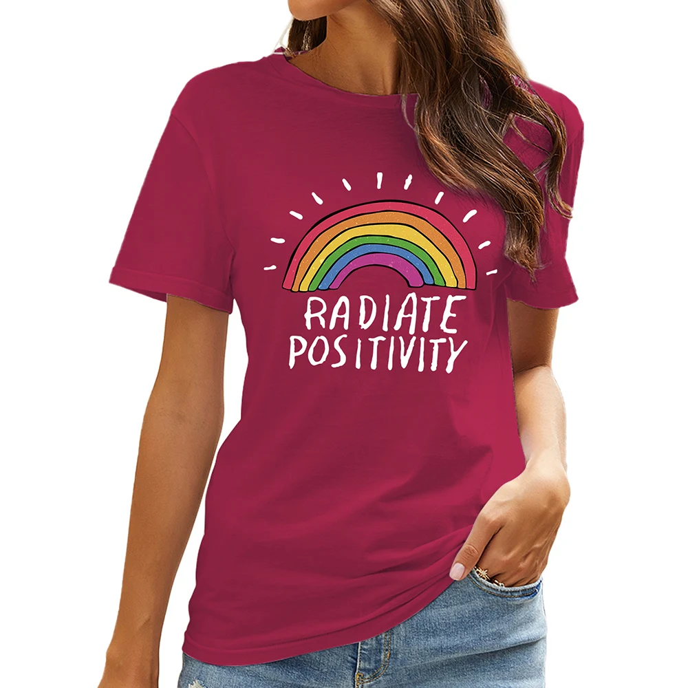 

Women Rainbow Graphic Print T-Shirt Short Sleeve Round Neck Classic-Fit Ladies Tee Summer Female Tops with Happy Graphic D30
