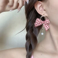 s925 needle women jewelry cloth plaid bow earrings sweet temperament golden plating drop earrings for girl lady gifts