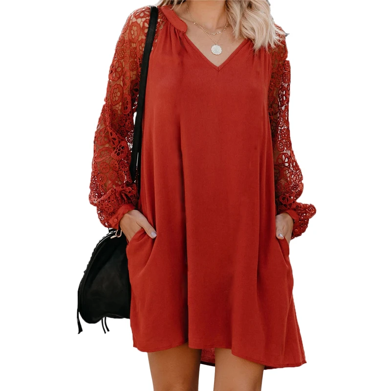 Женское свободное кружевное платье повседневное короткое Бохо с длинным рукавом