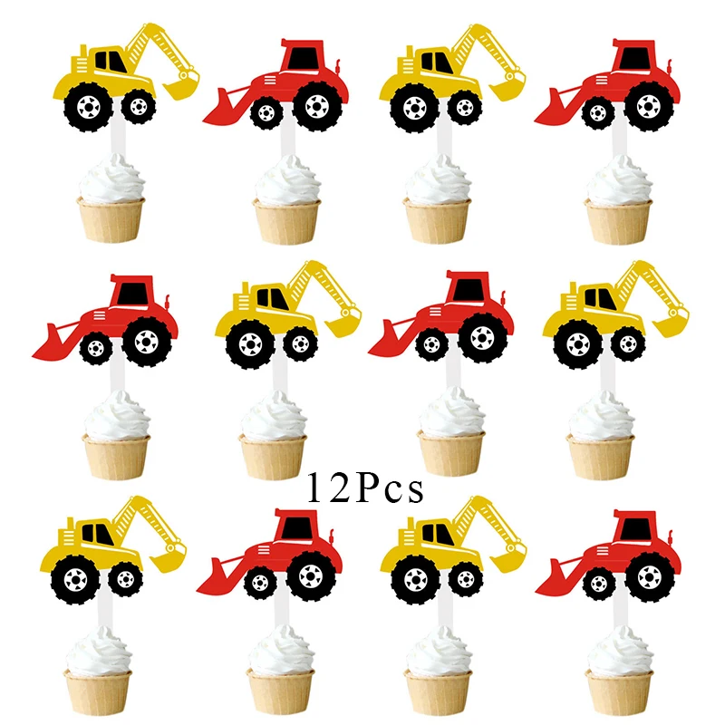 Cupcake topper x 24 Строительные транспортные средства экскаватор вечерние украшения бумажный стаканчик, тарелка баннеры детский душ шары Дети День рождения принадлежности AW06 - Цвет: Cupcake topper x 24