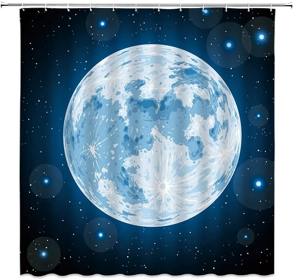 

3D Starry Sky Landscape Shower Curtain Full Moon Blue Planet Night View Space Universe Fantasy Print Polyester Fabric with Hook