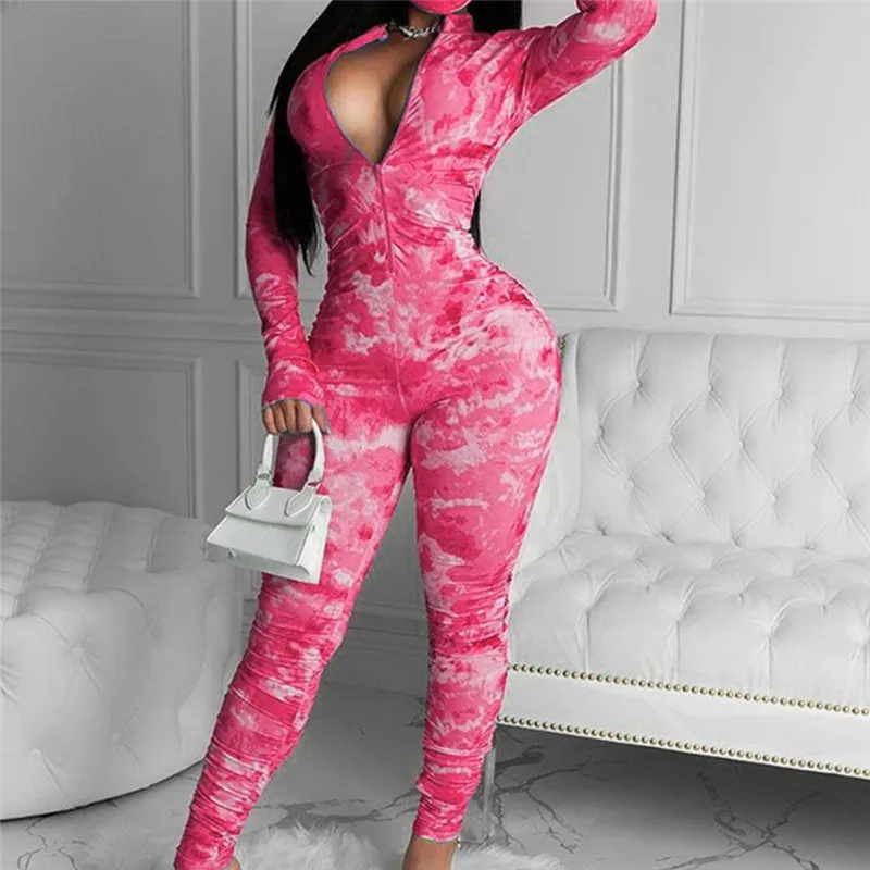 

Women Romper Sports Fall Jumpsuit Autumn Spring Casual Long Sleeve Tie Dye Printed Tight Sexy Bodysuit Outerwear Women Clothes