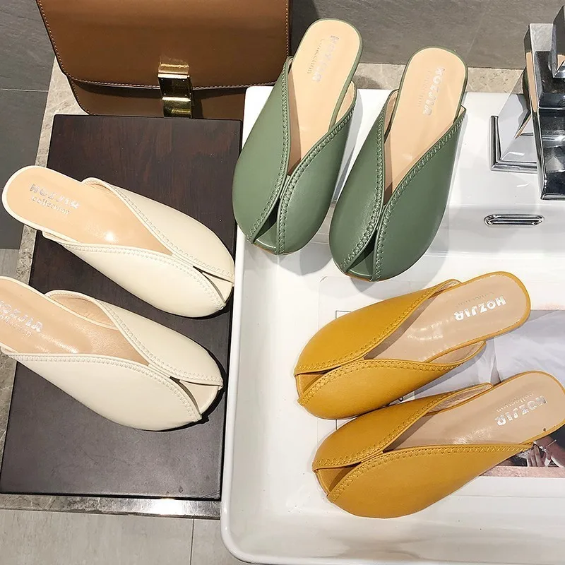 

Slippers Women Summer Flat Shoes Female Low Shallow Luxury Slides Loafers Cover Toe Pantofle Designer 2021 PU Rubber Fashion