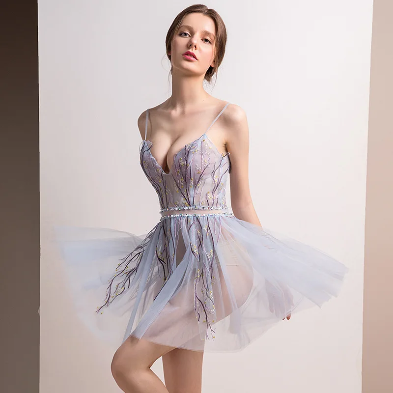 

Sexy transparent mesh dress female sky blue embroidered low-cut high-end sling sexy lingerie skirt sexy party evening dress