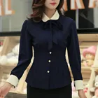 Женская облегающая блузка с бантом, темно-синяя блузка с длинным рукавом, офисная блузка размера плюс в Корейском стиле на осень, 2019