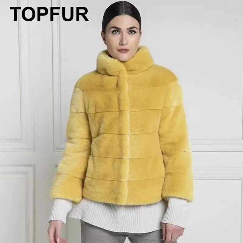 Женская Шуба из натуральной кожи TOPFUR желтая шуба натурального меха норки с