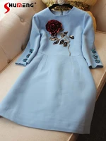 high end customized european elegant above knee dress 2021 autumn womens french fashion sequined rose beaded rhinestone dress