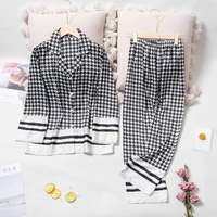 lisacmvpnel plaid print fashion women pajama set long sleeve suit satin soft touch sleepwear