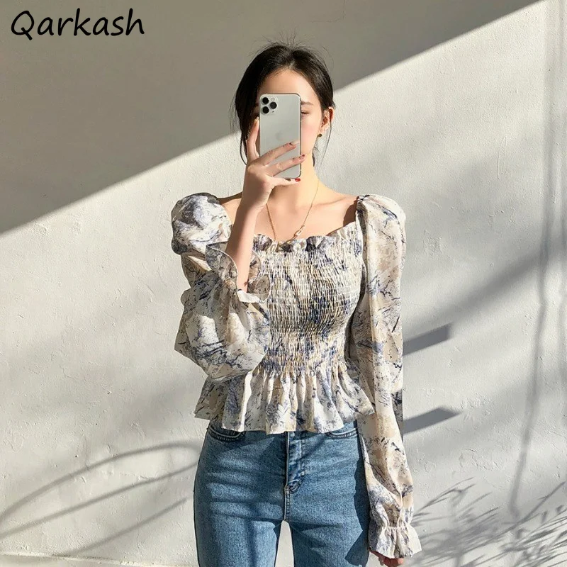 

Женские блузки с длинным платье с рукавами-фонариками и квадратным воротником Топы с принтом тонкая талия обувь со складками; Женская пикан...