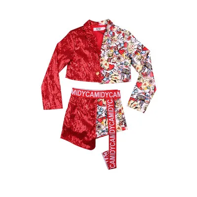 Детский костюм для джазовых танцев красная куртка с блестками в стиле хип-хоп |