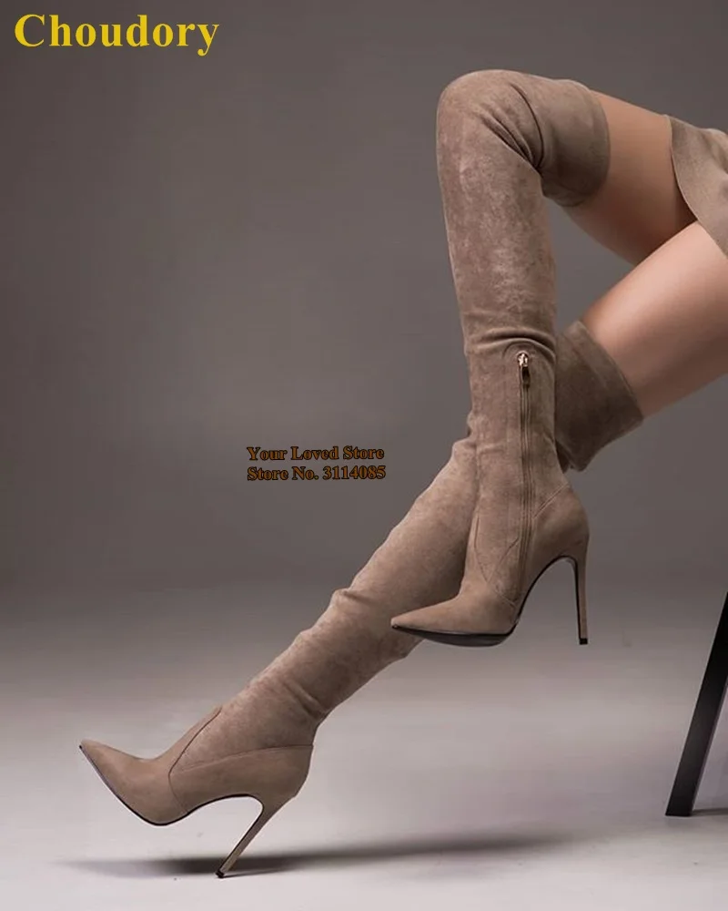Замшевые Сапоги выше колена Choudory абрикосового цвета Осень-зима высокие сапоги на