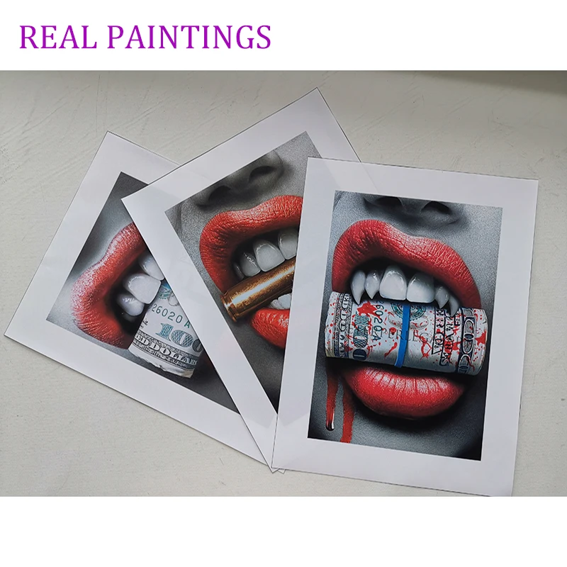 Самоотверженно Wall Art принты Плакаты сексуальные красные губы Bite Bullet и деньги Современные холст картины для гостиной Декор