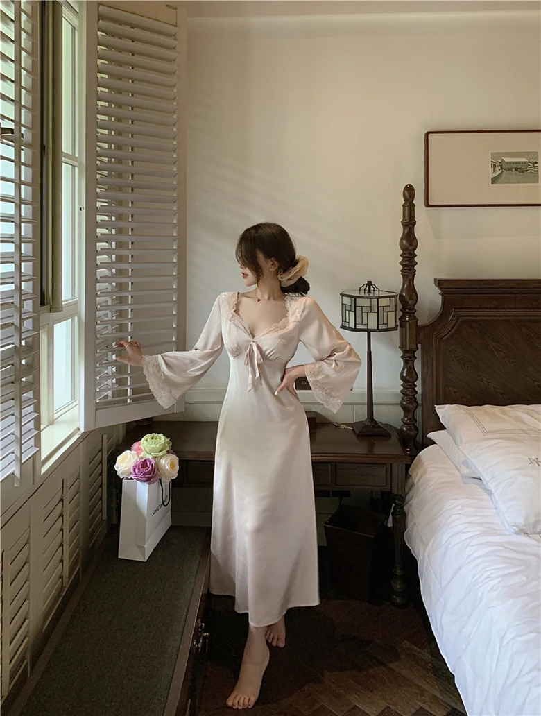 

Womens Nightdress Sexy Sleepwear LaceLingerie Nighty Imitation Ice Silk Nightgown Nightwear Female Night Home Cloth Dress