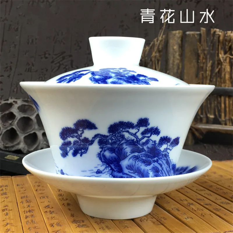Pines Sancai gaiwan Цзиндэчжэнь фарфор 200 мл восемь сокровища чайная чаша китайский синий и белый фарфор чайная чашка и блюдце набор - Цвет: Pines