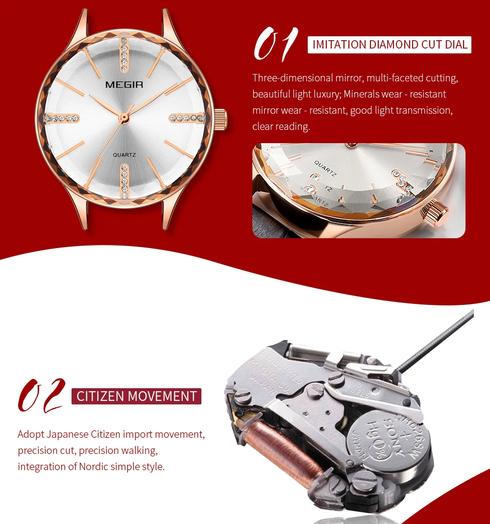 MEGIR Elegant Dress Women Watches Top Brand Luxury Quartz Ladies Watch Crystal Simple Dial Red Leather Strap Clock Waterproof | Наручные