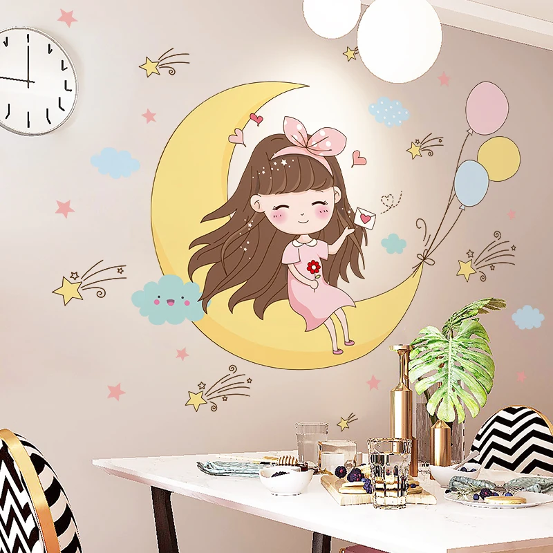 

Cartoon Girls Wall Stickers Moon and Stars for Kids Room Girls Room Decoration Wall Decals Kawaii Home Decor Wallpaper