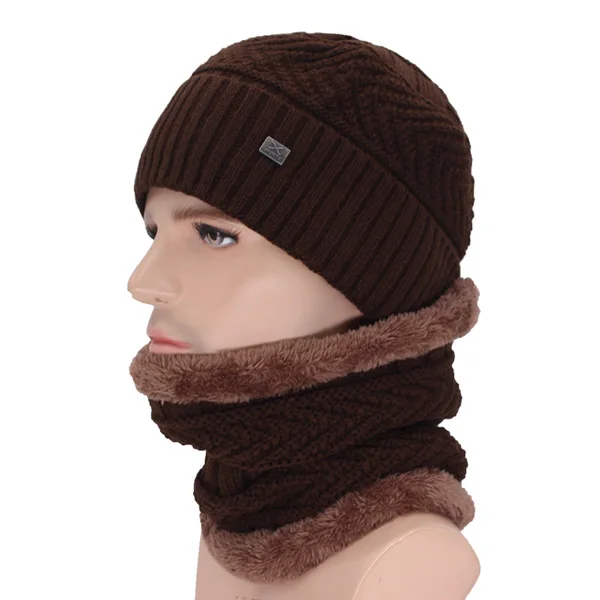 coffee set Бренд Skullies Beanies мужские зимние шапки для мужчин шарф вязаная шапка Кепка, зимняя шапка Beany мужская Homme X Gorro береты-кепки - Цвет: coffee set