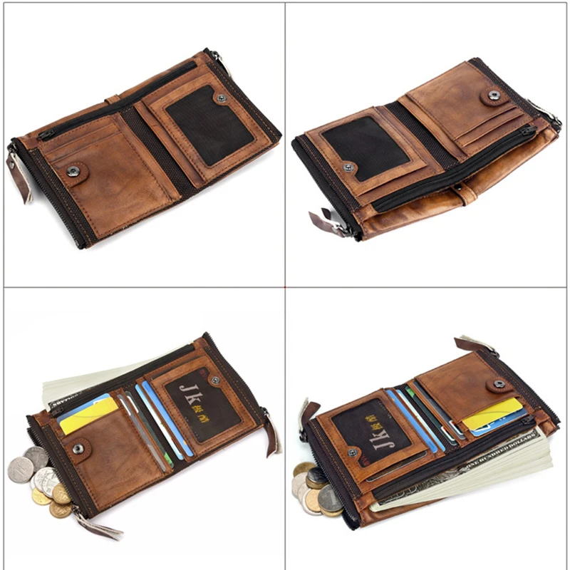 

Oyixinger Men's Wallet Genuine Leather Small Purse For Male Handmade Casual Men Short Wallet Retro Cowhide Double Zipper Clutch