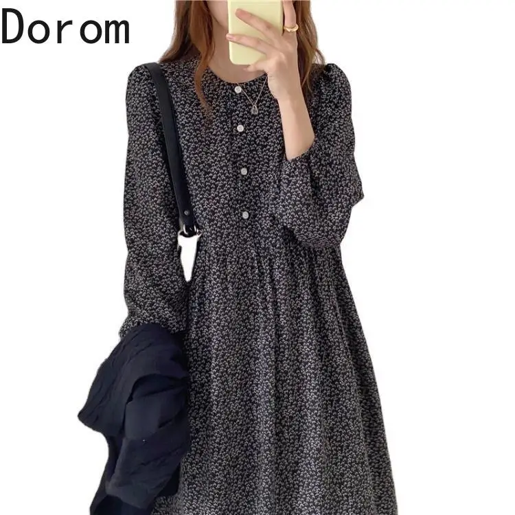 

Retro floral Print Dress Spring Autumn Korean Fashion Single-breasted Long-sleeved Dress Women Casual Oversized Long Vestidos
