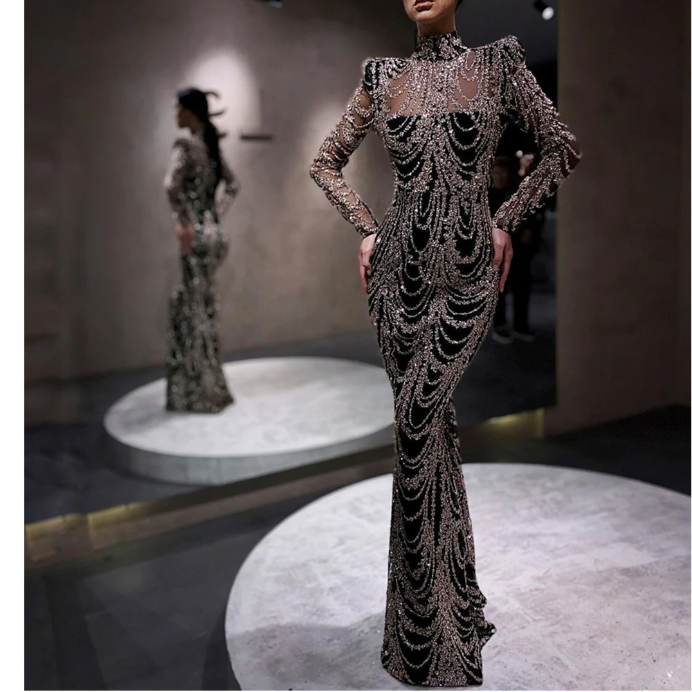 Женские прозрачные Макси-платья Yeinchy с высоким воротом и серебряными блестками