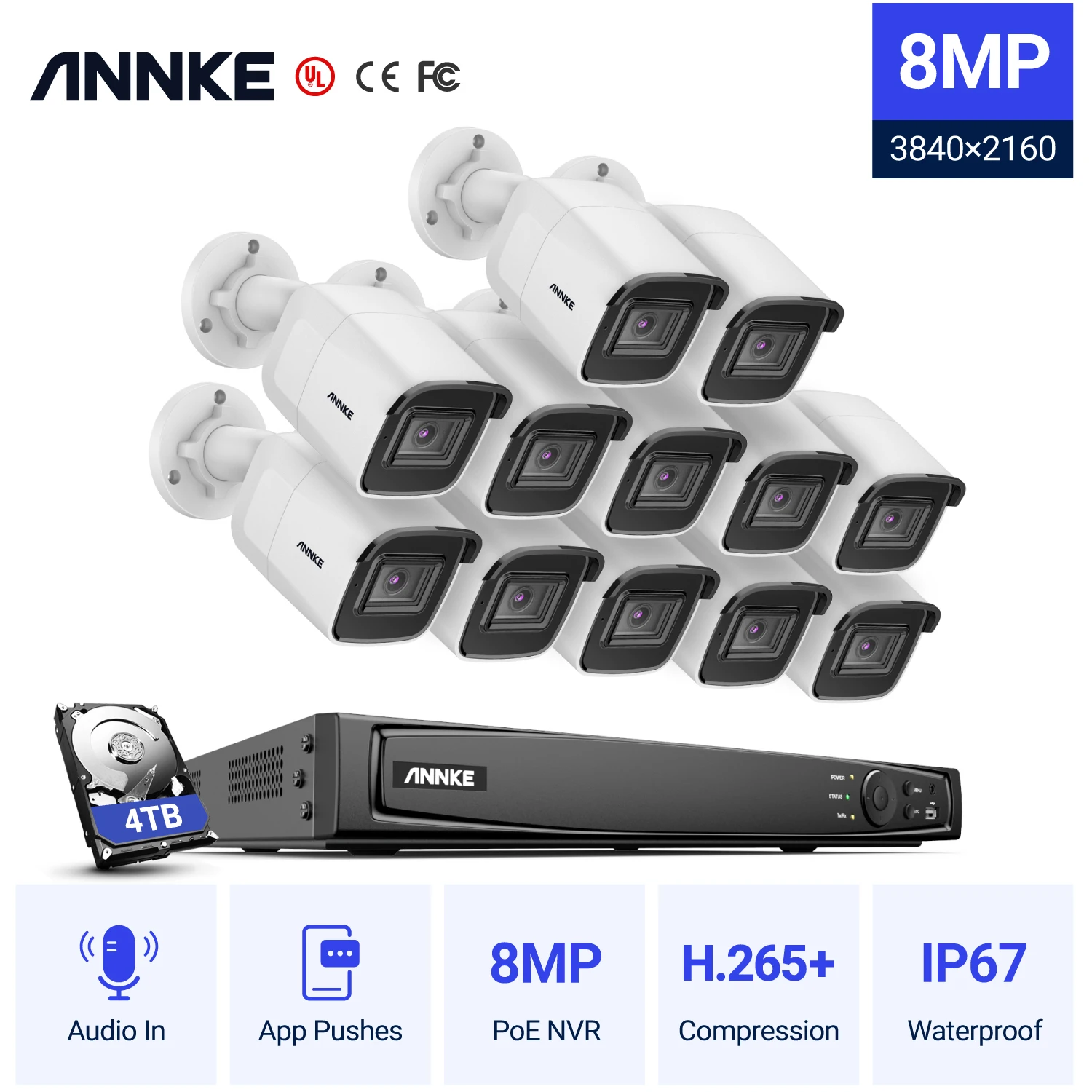 

ANNKE 16CH 4K Ultra HD POE Network Video Security System 8MP H.265 NVR With 12pcs 8MP EXIR Night Vision IP67 Bullet IP Camera