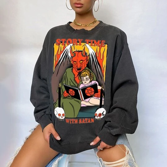 

Halloween Women Sweatshirt Long Sleeve Hoodie,Autumn Creative Teeth/Skull Printing Color Matching Round Collar Loose Casual Tops