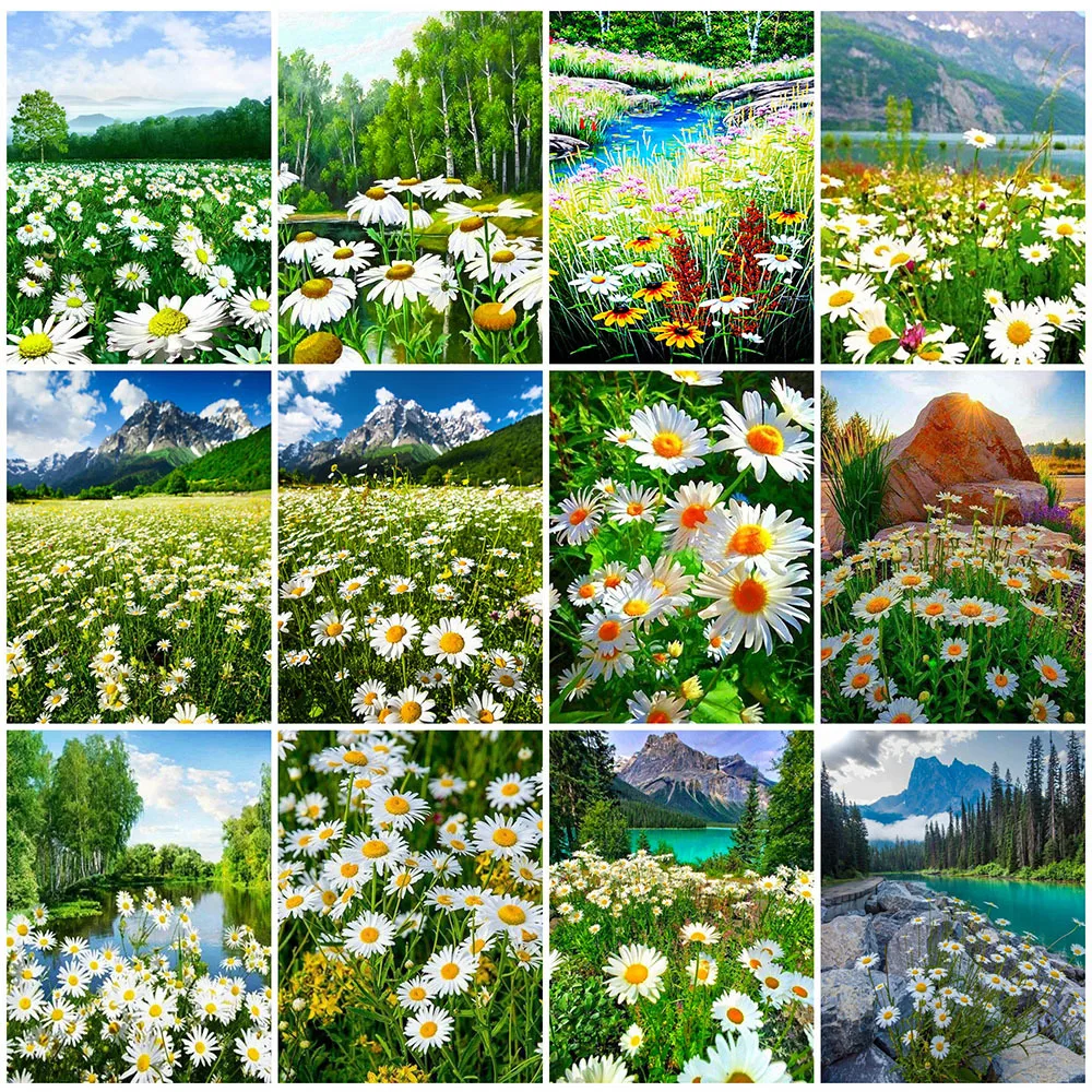 

EverShine Diamond Painting Daisy Diamond Mosaic Full Square Mountain Picture Embroidery Flower Rhinestones Picture Home Decor