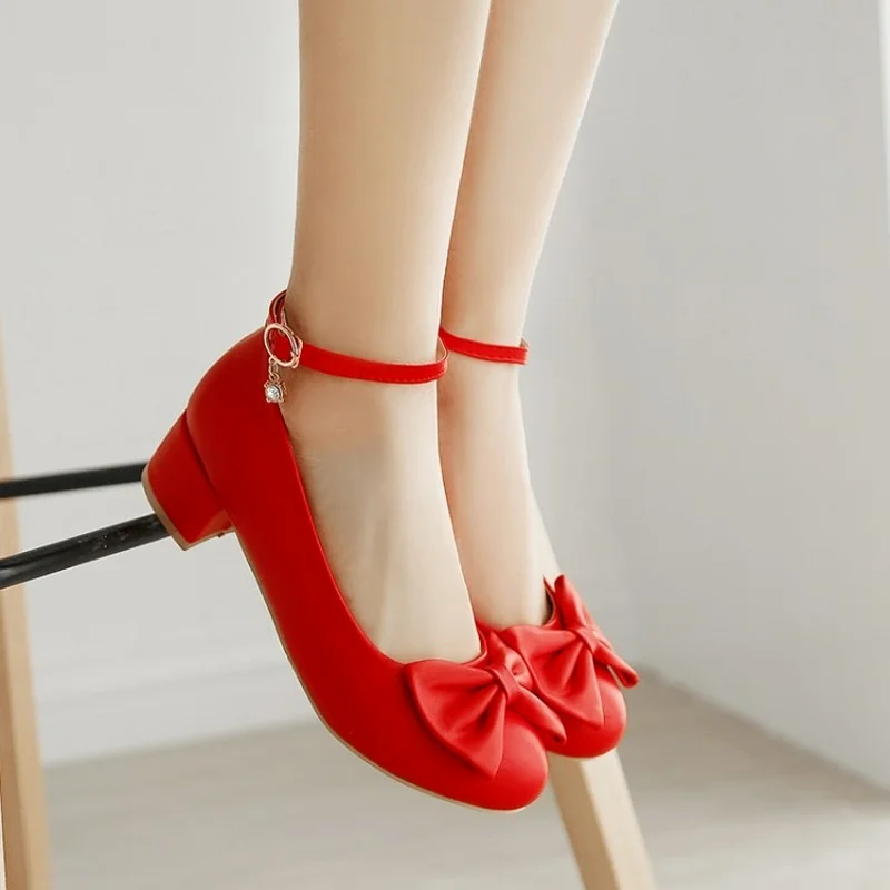 

Woman's Med Heel Girls Shoes PU Leather Cute Bow Ankle Belt Pumps Bride Wedding Cosplay Party Red White Black Size 30-43
