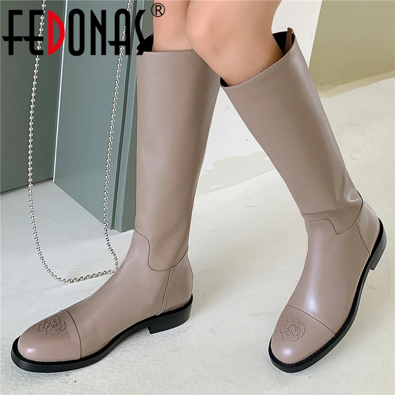 

FEDONAS Comfortable Casual Women Knee-High Boots Fashion Concise Embroider Genuine Leather Low Heels Autumn Winter Shoes Woman