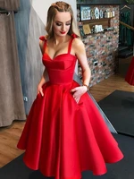 short tea length red evening dresses with pockets bow straps a line prom party gowns special occasion wear for women girls