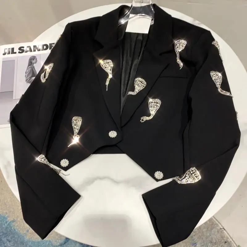 

Net Red Women Suit Jacket 2021 New Fashion Autumn Trendy Blazers Love Tassel Rhinestone Chain One Button Short Lady Suit Coat