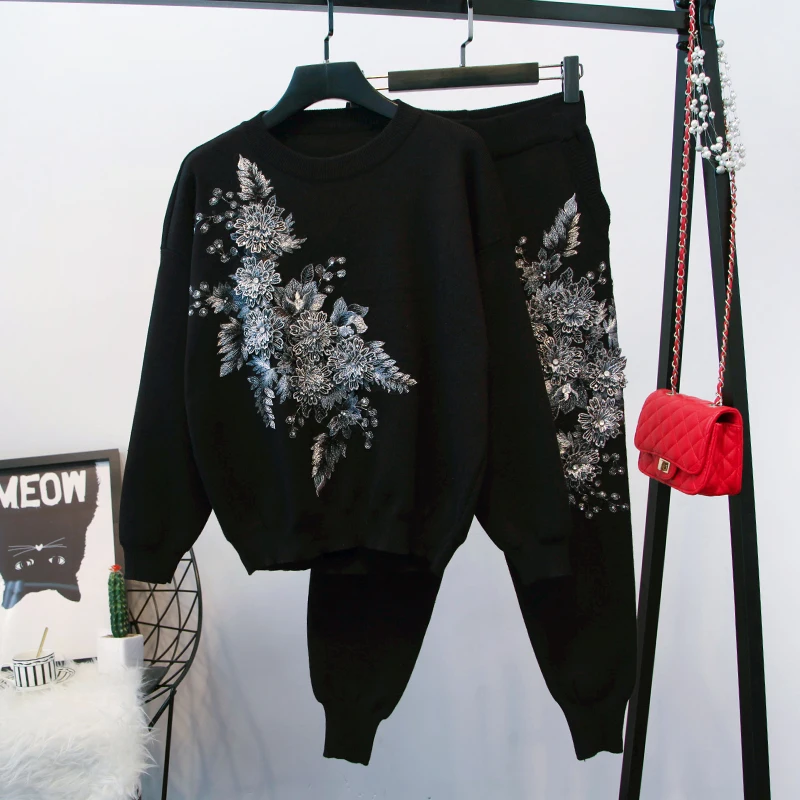 

Осень-зима 2019, новинка, женский корейский цветочный свободный свитер с длинным рукавом + брюки, зимний комплект одежды, комплекты одежды, оде...