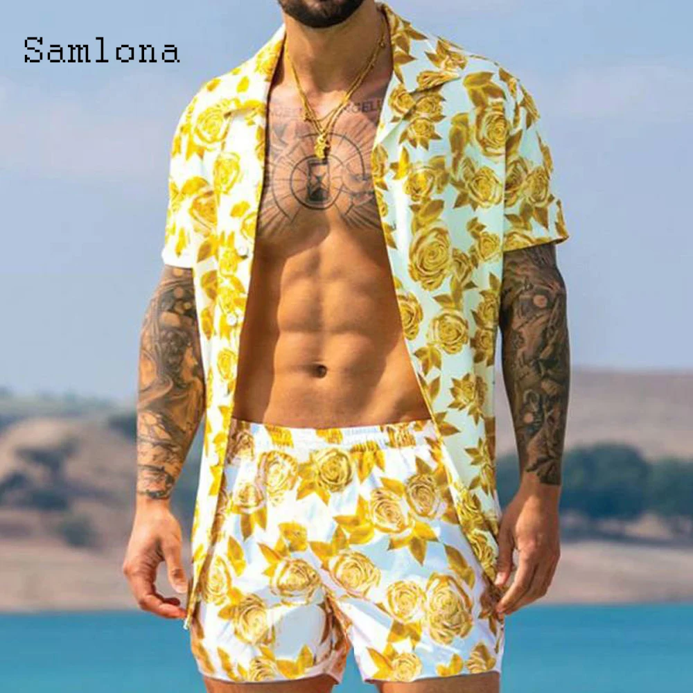 Samlona Plus Size Men clothing ropa hombre men Shirts sets flower print two piece sets lightweight 2023 summer beachwear man 3xl