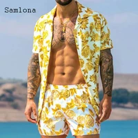 samlona plus size men clothing ropa hombre men shirts sets flower print two piece sets lightweight 2021 summer beachwear man 3xl