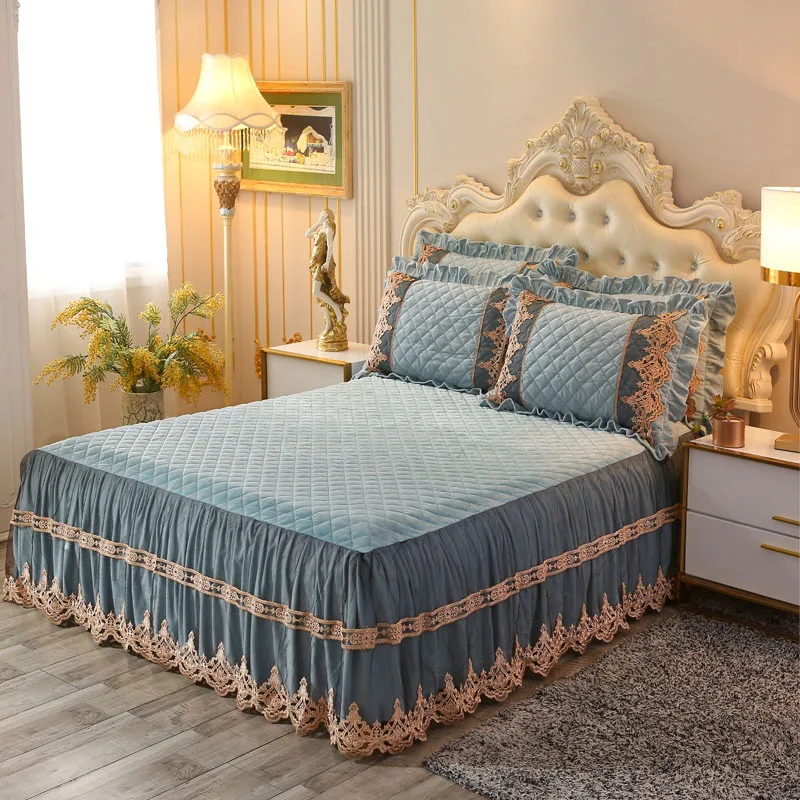 Зимнее толстое бархатное постельное белье кружевная кровать юбка наволочки 1/3