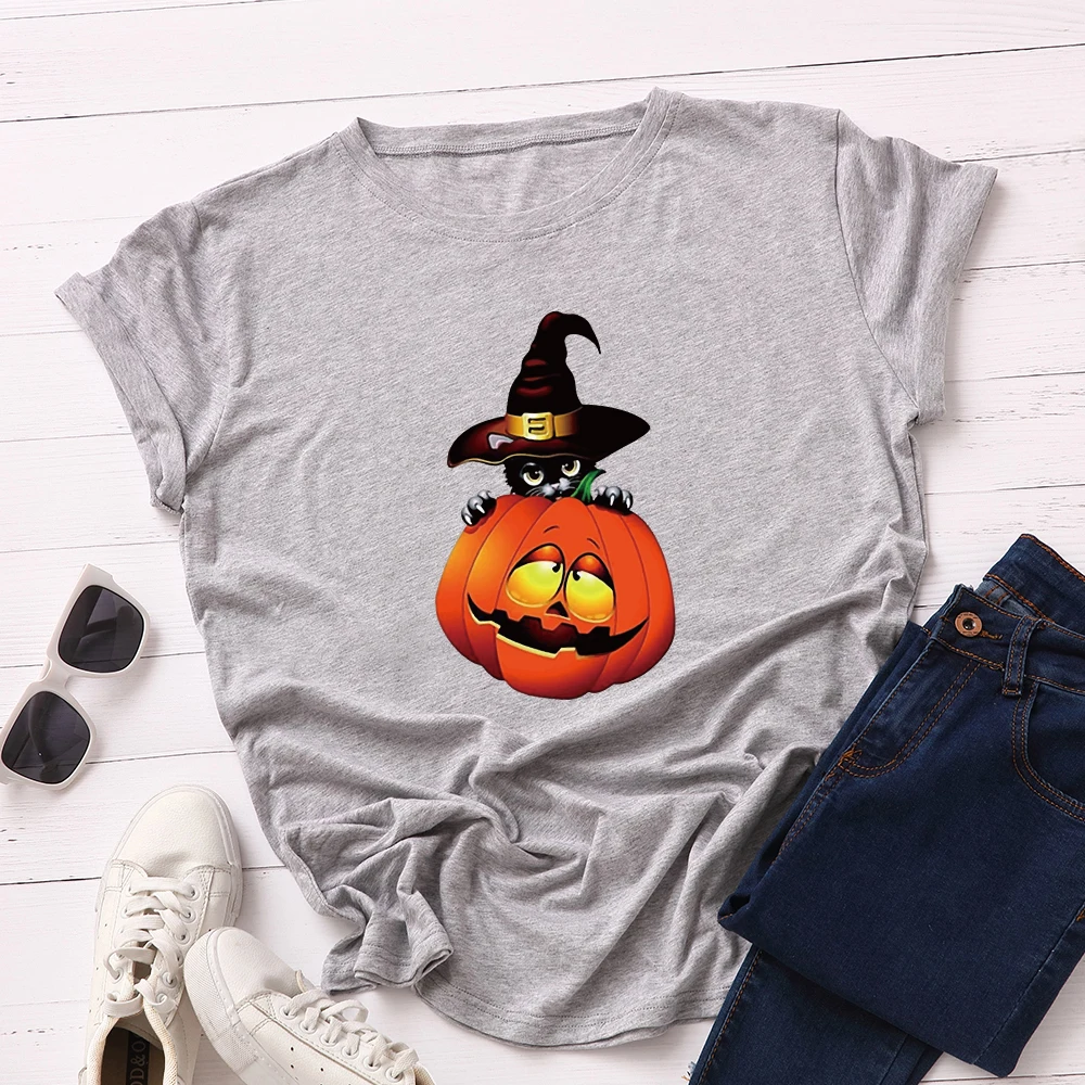 

Women Short Sleeve Cotton T-Shirts Graphic Tees Summer Tee Tops for Female Casual Oversized Clothes Halloween Cat on Pumpkin