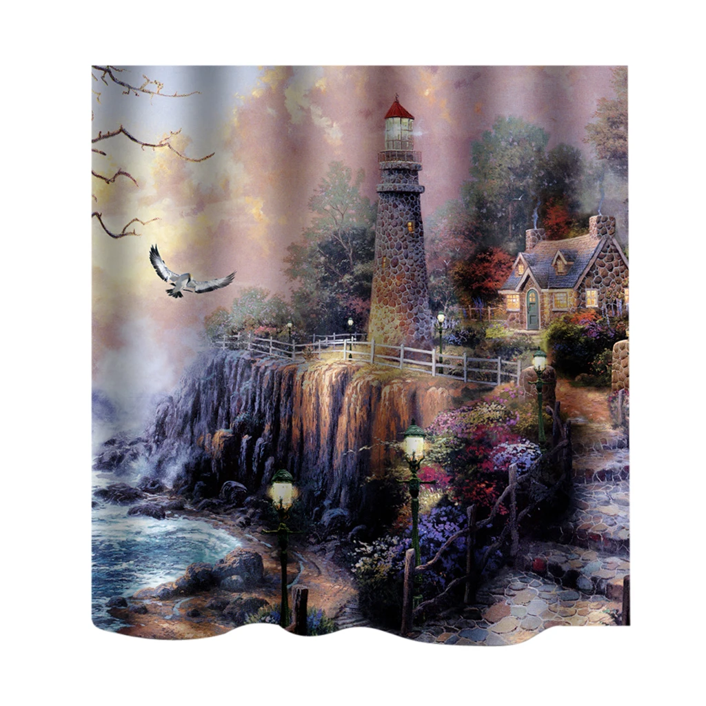 

180cm Nature Scenery Print Bathroom Fabric Shower Curtain With Hooks 12 Types