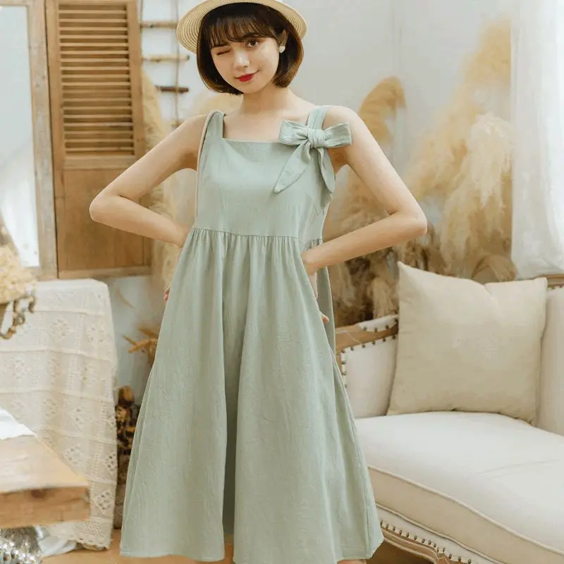 

Повседневное милое мини-платье с квадратным вырезом, женское свободное однотонное платье с открытой спиной и высокой талией, Новинка лета ...