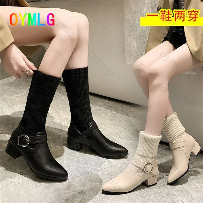 

Square heel women's 2021autumn and winter new mid-heel fashion pointed toe British Martin boots women's mid-up boots woman shoes