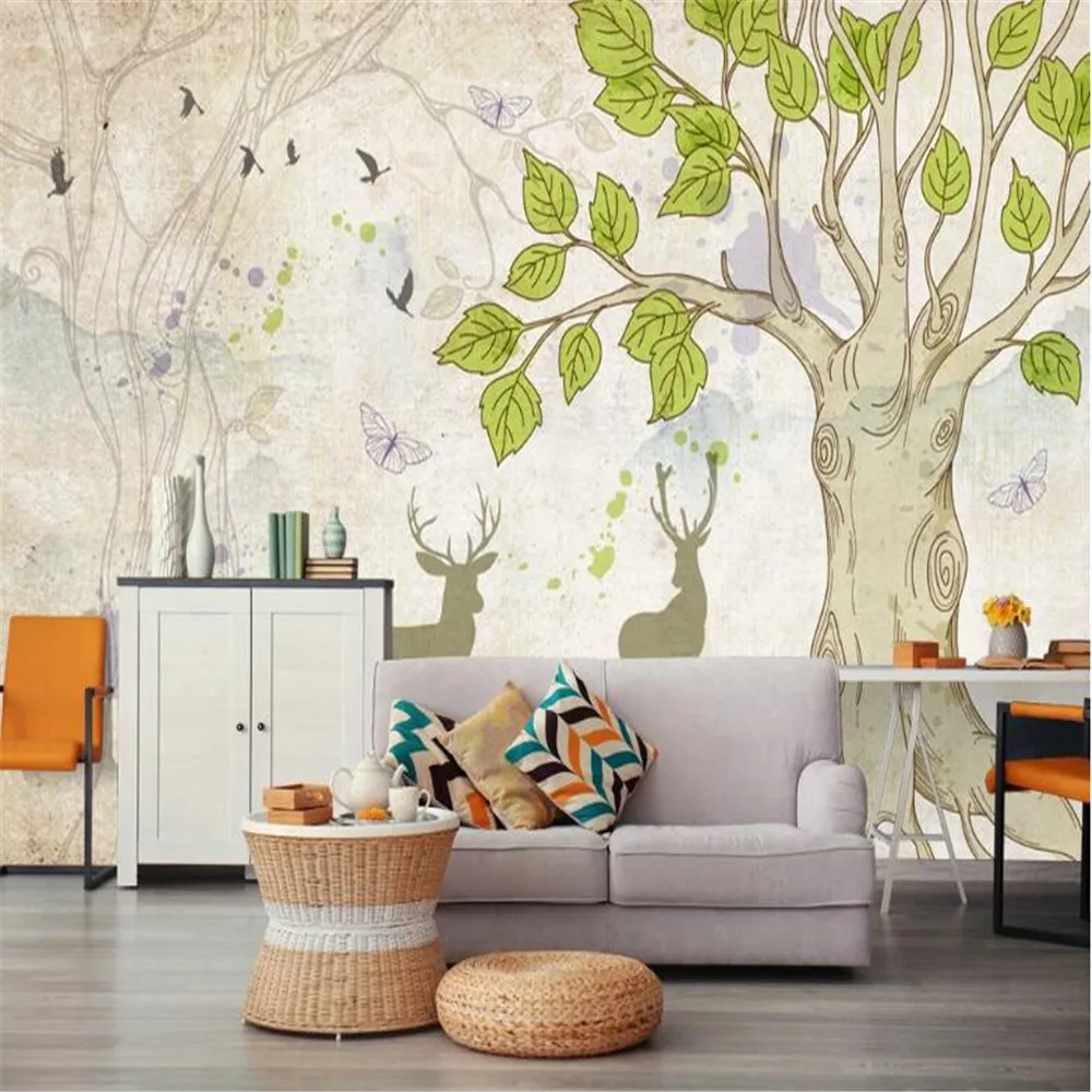 

Milofi Custom Wallpaper Mural 3D Nordic Cartoon Big Tree Elk Pastoral Mural TV Background Wallpaper Mural