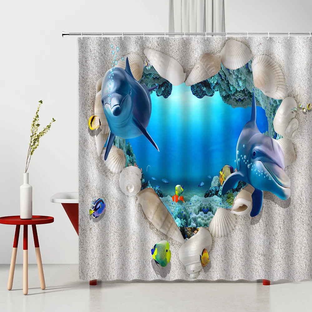 

Dolphin Fish Shell Shower Curtain Ocean Animal Sea Turtle Creativity Fabric Bathtub Decor Set With Hooks Home Bathroom Curtains