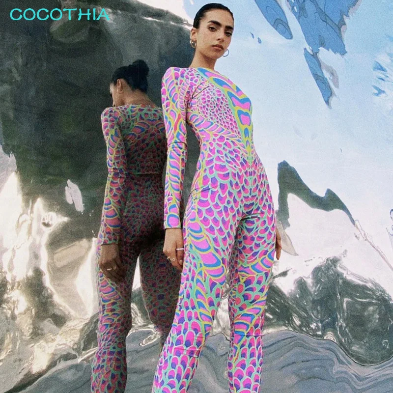 

COCOTHIA Multi-Color Print Long Sleeve Pants Zipper Milk Silk Patchwork Bodysuit Lady Autumn New Fashion Street Urban Jumpsuit