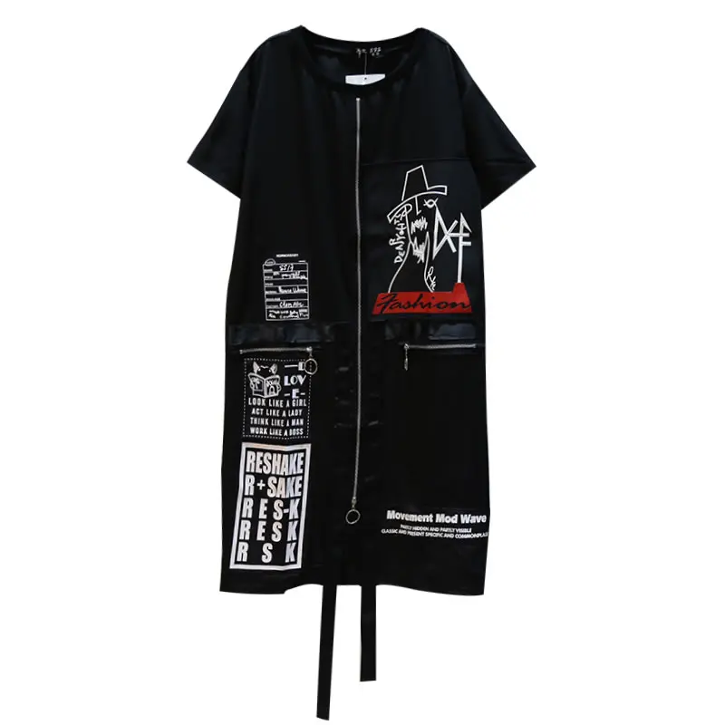 

Tide Print Letter Plus Size Dress Suquined Elegant Women Irregular Pocket Korean Fashion Pullover Match All Summer Dll3176