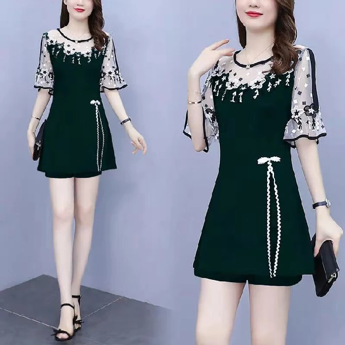 

Plus Size Women Clothing Two Piece Set Patchwork Lace Short Sleeve Blazer Suit Korean Design Office Lady Women's Summer Suit