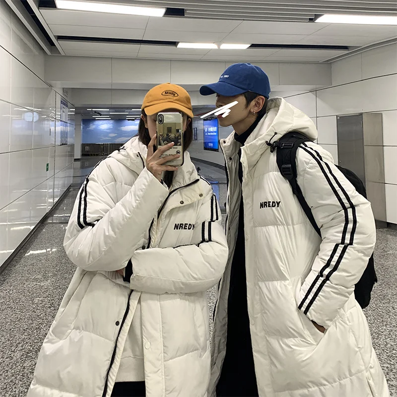 Down jacket for couples  popular trend cotton padded coats  loose hooded bread dresses  mid-long wintIer clothes ins