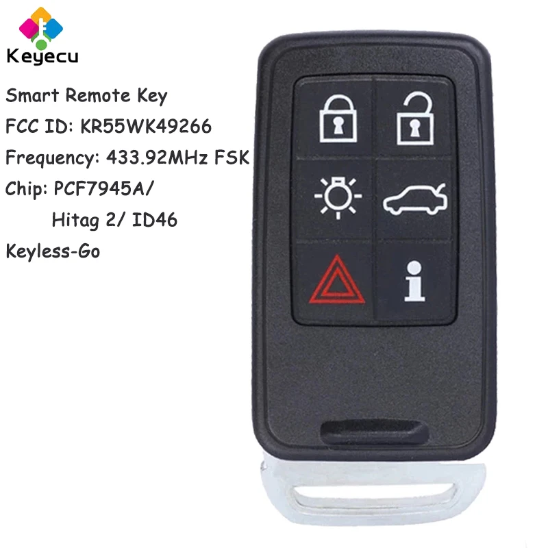 

KEYECU умный Автомобильный ключ без ключа с 6 кнопками для Volvo XC60 S60 S60L V40 V60 S80 XC70 Fob FCC ID: KR55WK49266 434 МГц