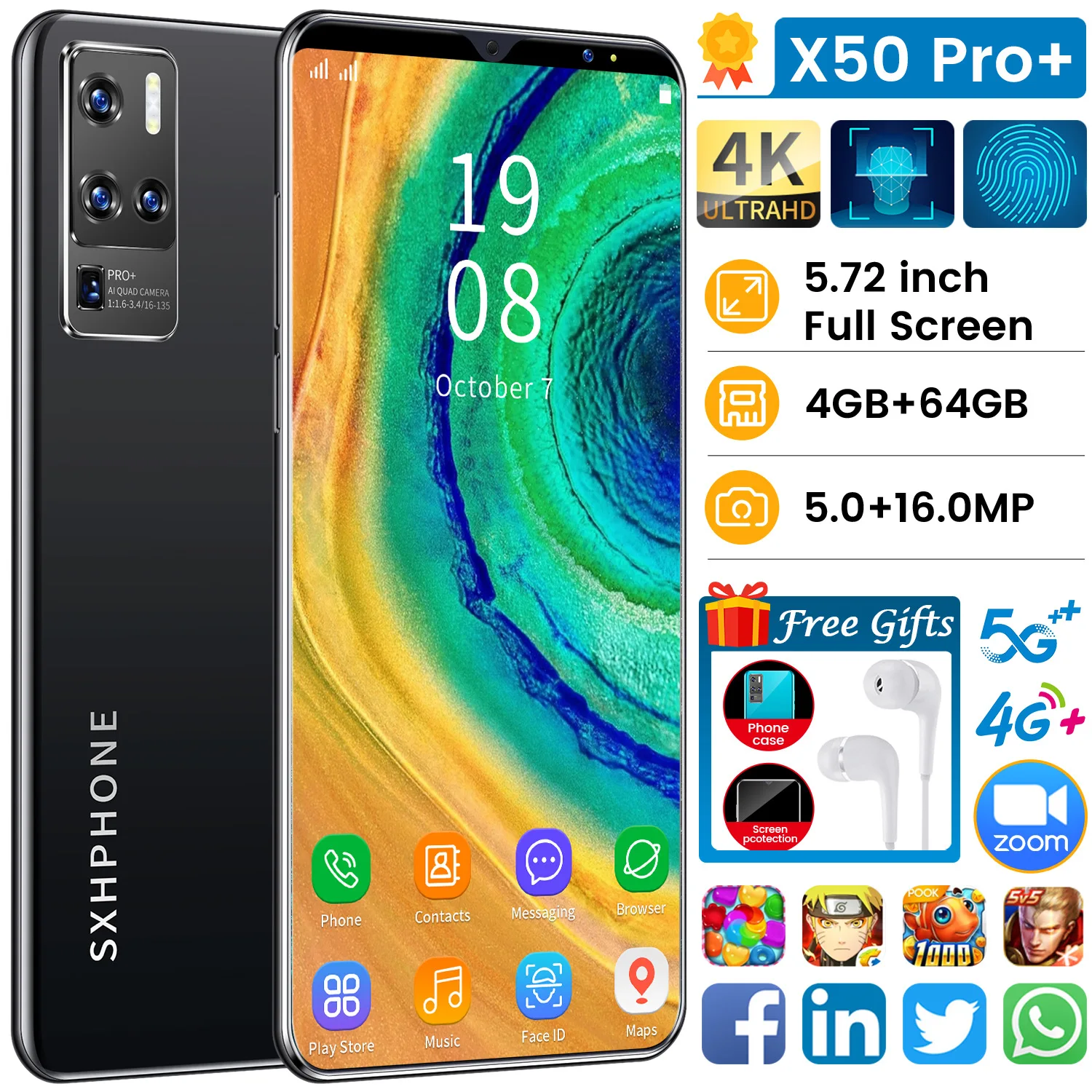 

Global version Optional X50 Pro+ 5.72inch Full Screen 5.0+16.0MP 4GB+64GB Cheap cell phone free shipping 5Gwifi smart phone