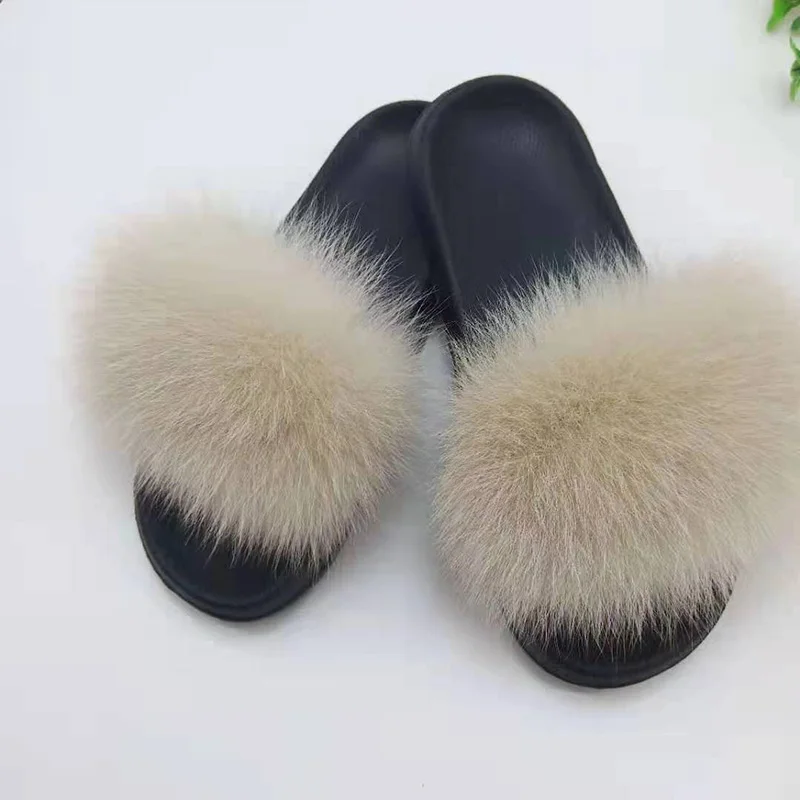 Beige Женские тапочки с лисьим мехом; тапочки с натуральным лисьим мехом; удобная домашняя обувь на плоской подошве; пляжные сандали для досуга Пушистый Плюшевый каблук; Лидер продаж - Цвет: Beige